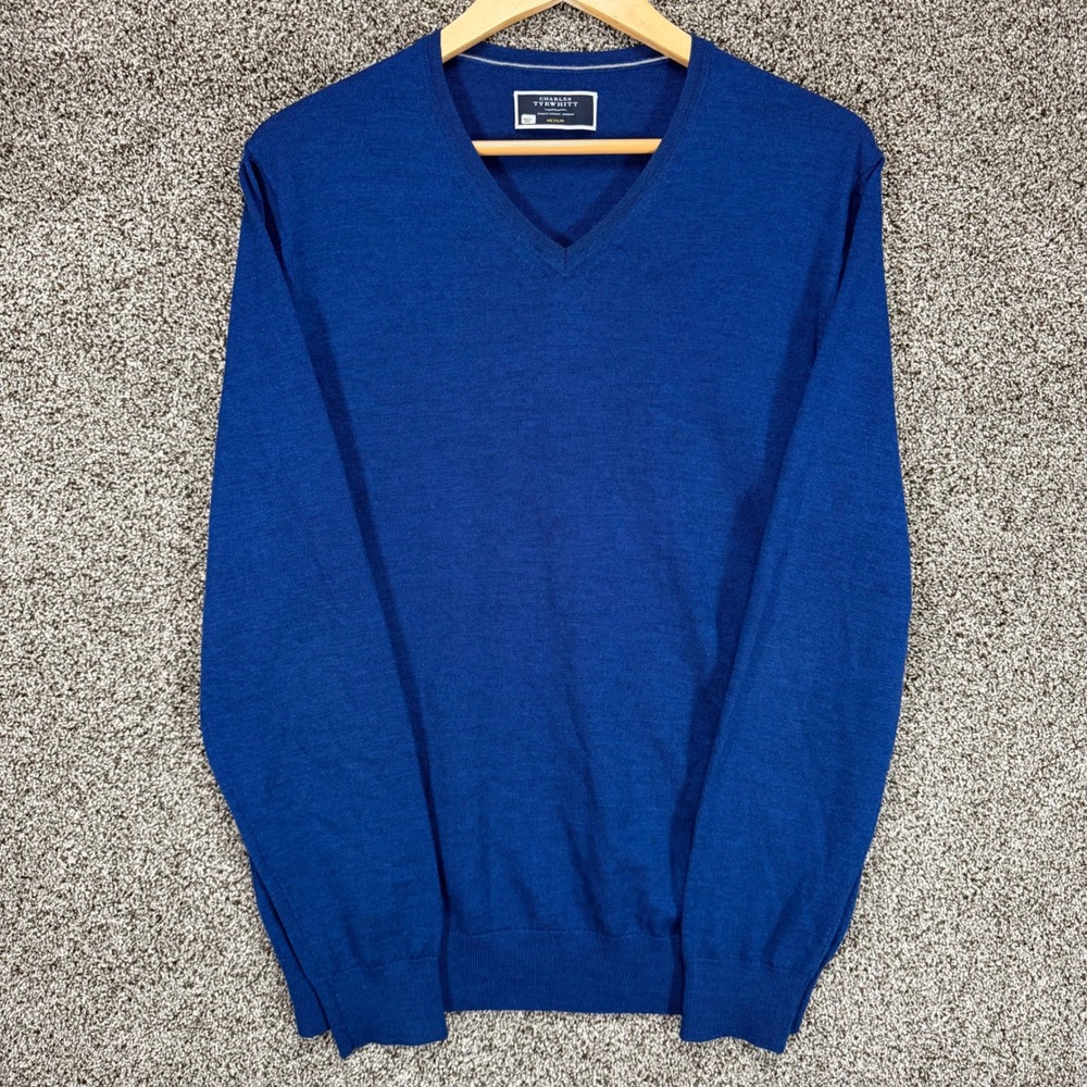 Charles Tyrwhitt Merino Wool Sweater Mens M Blue V-Neck Pullover Extra Fine